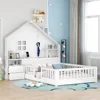 Kids Wood Montessori Floor Bed with Rails Stunning House Design Bedside Drawers Window USB Port Full Size Durable Pine Frame 1