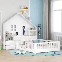Kids Wood Montessori Floor Bed with Rails Stunning House Design Bedside Drawers Window USB Port Full Size Durable Pine Frame 1
