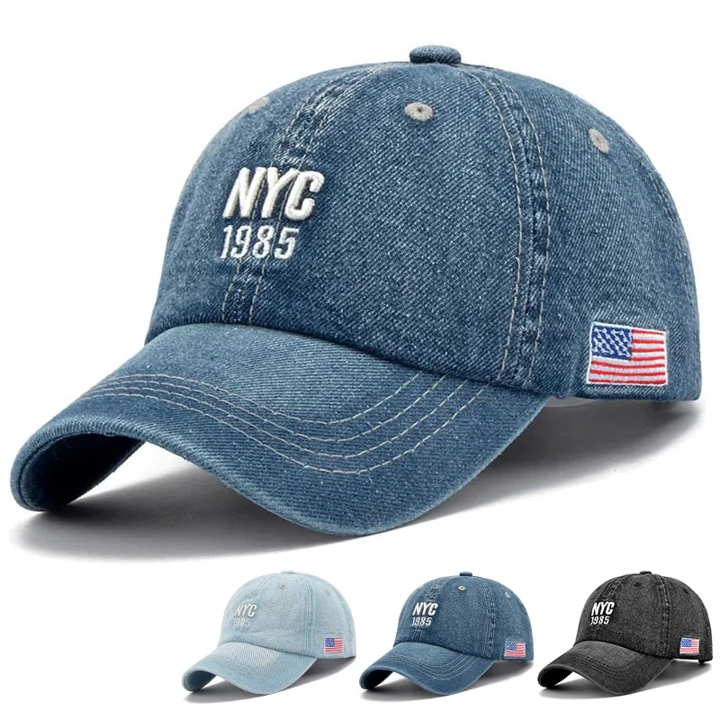 NYC 1985 Embroidery Denim Snapback Baseball Caps Adjustable Outdoor Casual Adult Wash Sports Golf Sun Hats