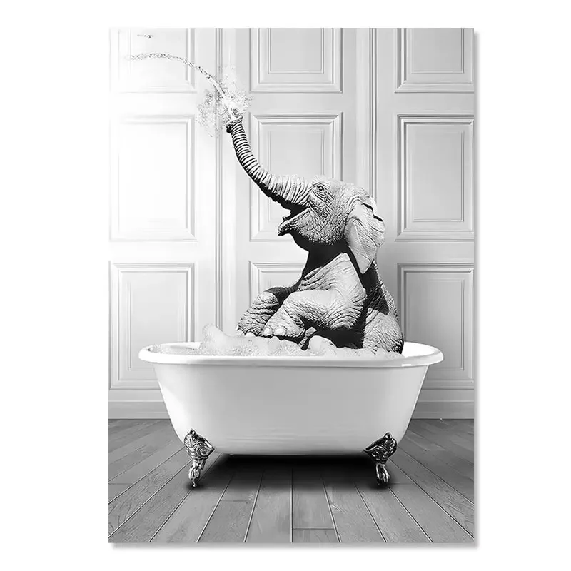 Lot De 4 Posters Animaux Salle De Bain 20x30cm - Girafe, Éléphant, Zèbre, Pingouins Déco Amusante