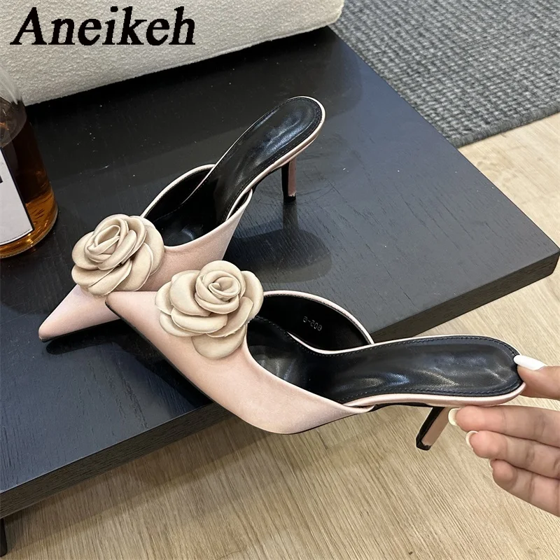 

Aneikeh NEW Spring/Autumn Slip-On Flock Pleated Flower Sweet Pumps Shallow Women Mules Pointed Toe Thin Heels Ladies Shoes Black