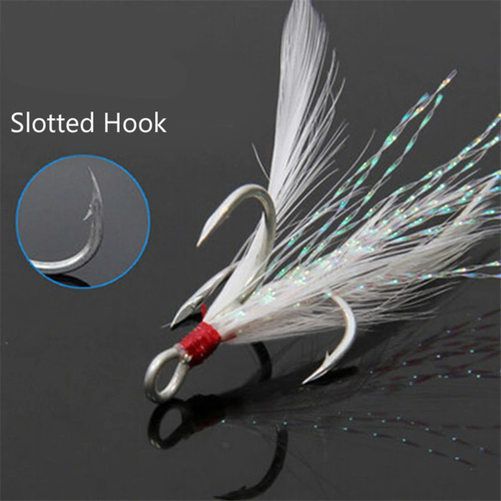 

High Carbon Steel Fish Hooks Treble Fishing Hooks With Feather Sharpened Feathered Treble Barbed Fishhooks 10pcs