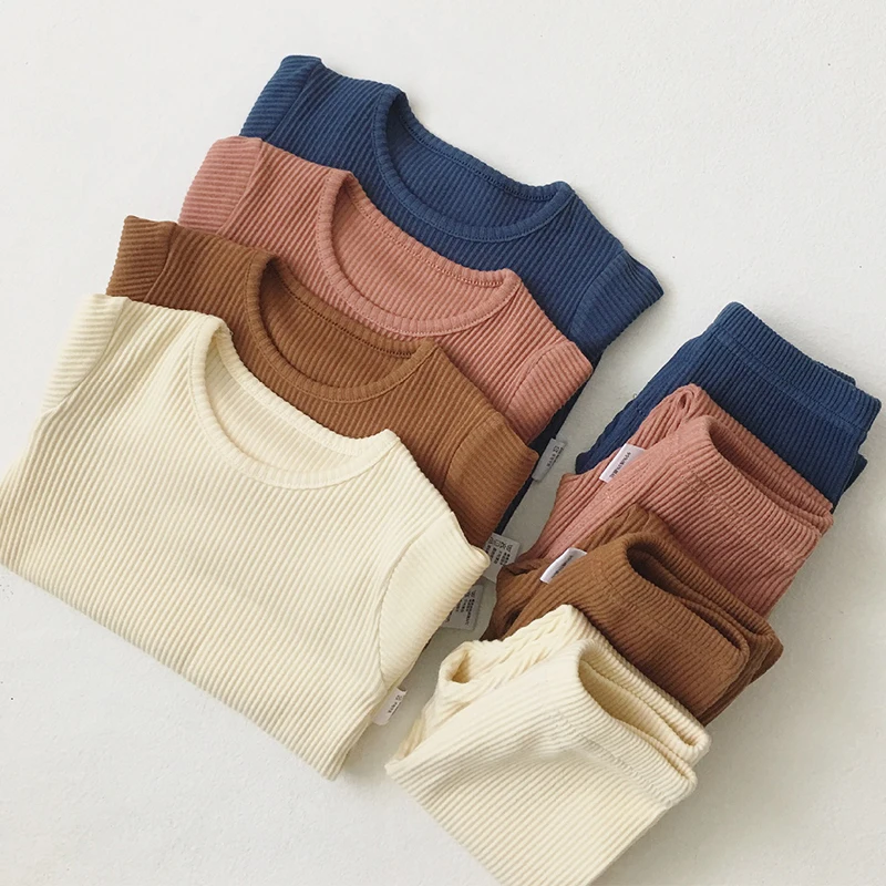 2Pcs Solid Children Pajamas Sets Ribbed Knitting Boys Girls Pyjamas Pullover+Pants Cotton Clothes Korean Kis Sleepwear Tracksuit