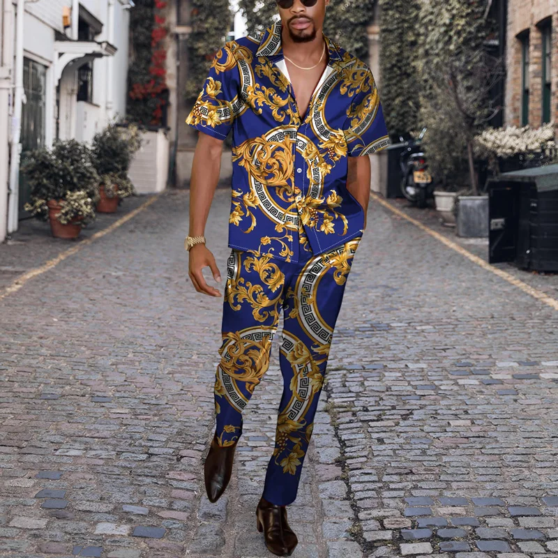 Summer Men Short Sleeve Shirt Cardigan Button Top 3D Print Retro Pattern With Same Color Autumn Street Hip Hop Trousers Two Set