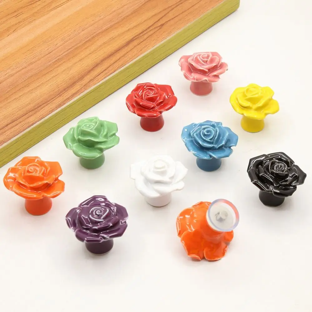 Description Picture 2 of itemSingle Hole Rose Flower Door Handle Rose Shape No- punching Ceramic Cabinet Knobs Colored Ceramic Drawer Knobs Kids Using