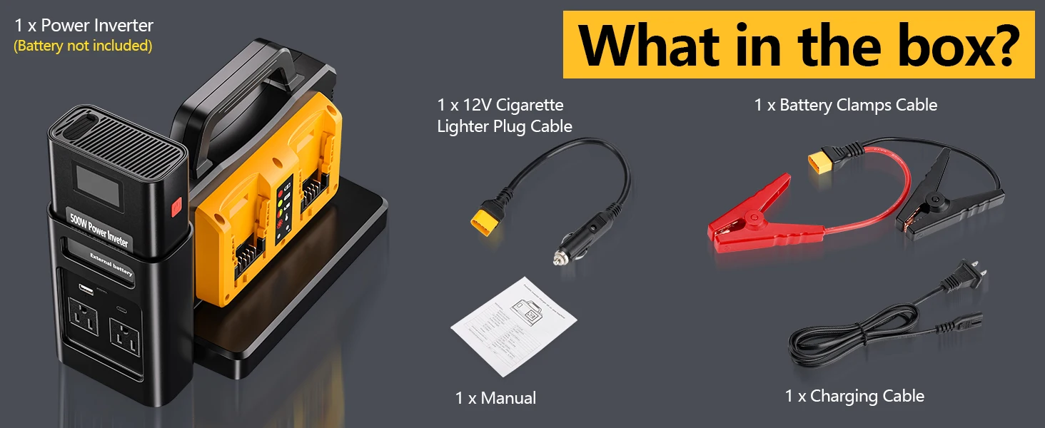 500W Pure Sine Wave Power Inverter 2 in 1 Battery Charger for DeWalt 20V Battery