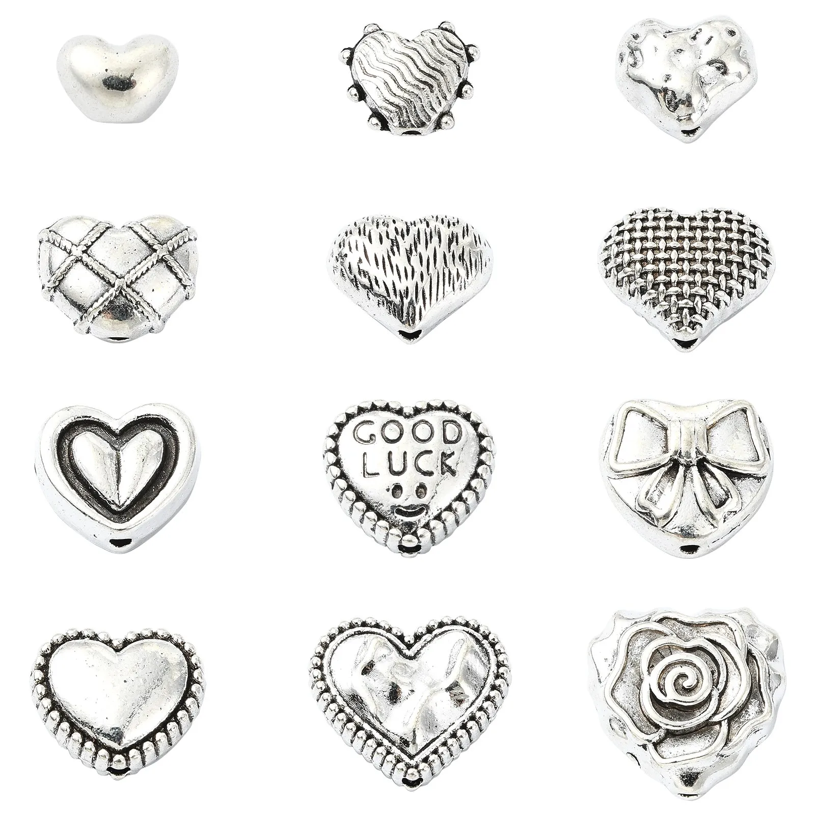 Pandahall 60 Stück 12 Stile Antik-Silber-Herz-Abstandsperlen, tibetische Herzform-Perlen für Schmuckherstellung, DIY-Basteln