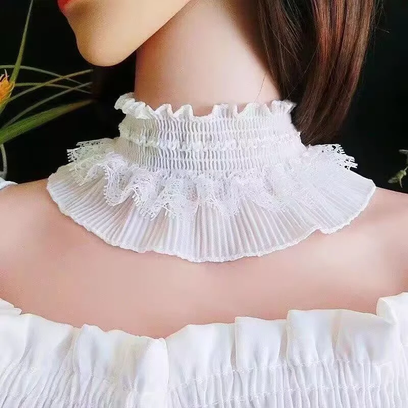 Weiß Schwarz Rüschen Elastische Spitze Gefälschte Kragen Schal Stehkragen Kragen Pullover Elegante Hals Abdeckung Falschen Kragen Kleidung Zubehör – Detail 7