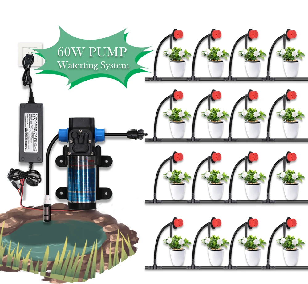 5-30M Water Pump Garden Drip Irrigation Set 60W DC12V Micro Electric Diaphragm System with 110-240V Power Adjustable Sprinkler