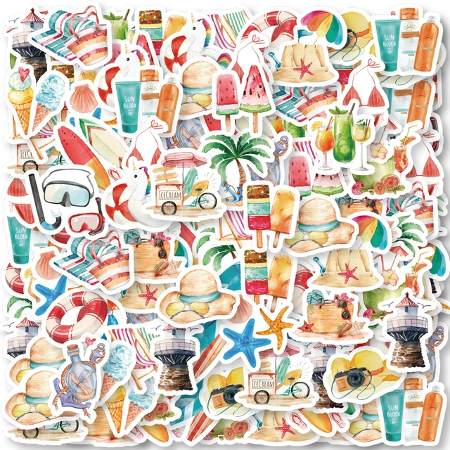 46PCS Starfish, Swim Ring, Popsicle Summer Beach Theme Stickers Decorated Notebook Diary Skateboard DIY Classic Toy Stationery 1