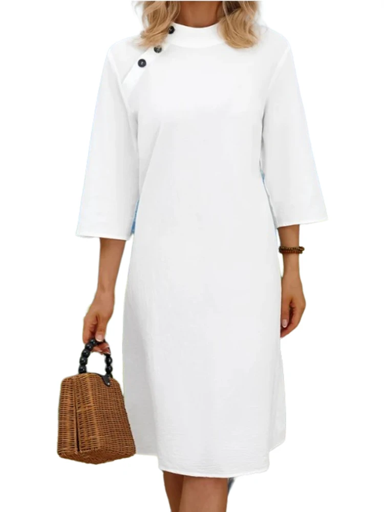 

New Fashion Women's Dress 2023 Oversized Standing Collar with 3/4 Sleeves White Cotton Linen Chic Vestido Casual Dress for Women