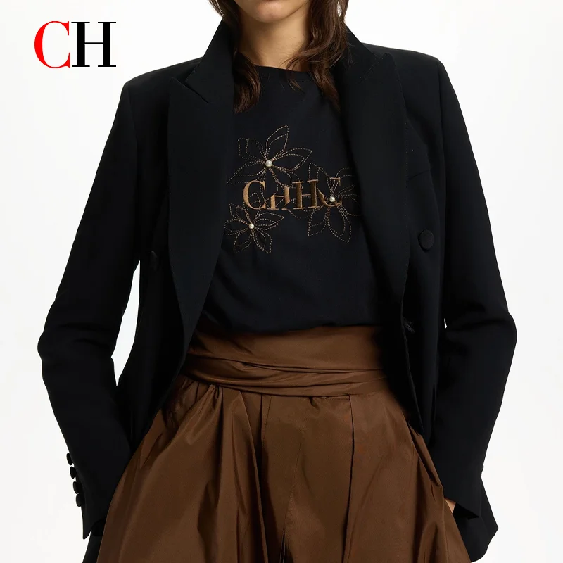 CH Damen-T-Shirt mit Rundhalsausschnitt, Blumenstickerei, Perlendekor, kurze Ärmel, lässige Alltagskleidung, Basic-Tops