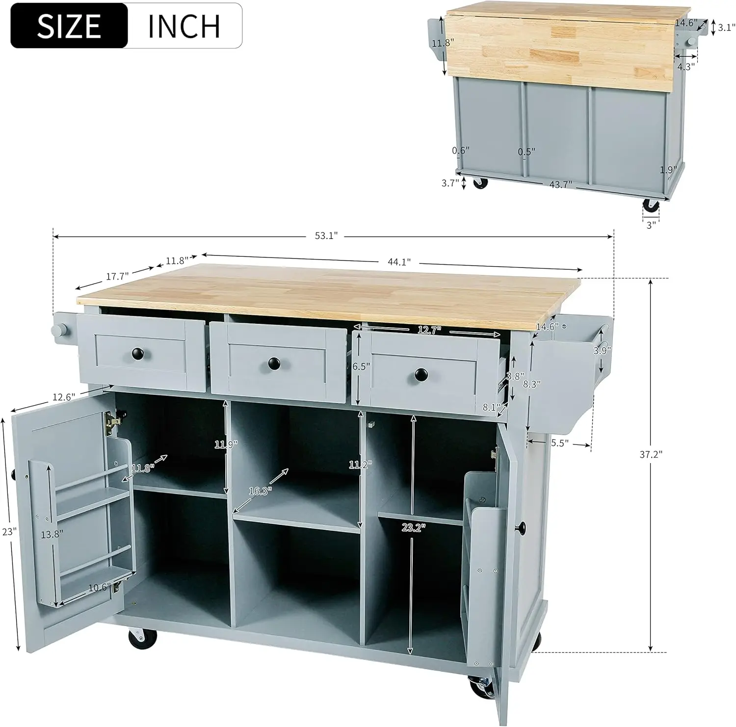 Kitchen Island on Wheels with Drop Leaf, Wood Kitchen Island Cart with Internal Storage Racks, Rolling Kitchen Island 2