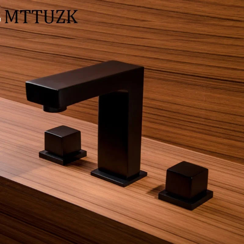 

Vidric Double handle square brass bathroom black faucet Hot And Cold Water mixer Tap three hole Basin fuacet Wash Faucet