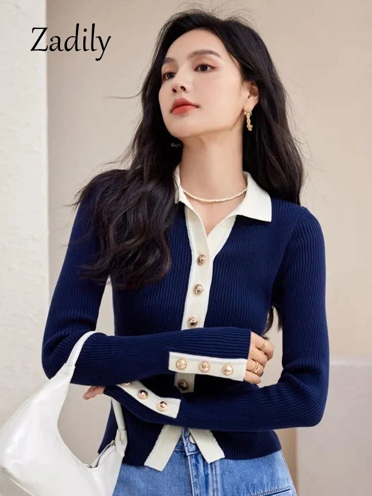 

Zadily 2023 Winter Office Lady Long Sleeve Women Sweater Korea Style Slim Button Up Patchwork Slim Knit Shirt Warm Crop Tops