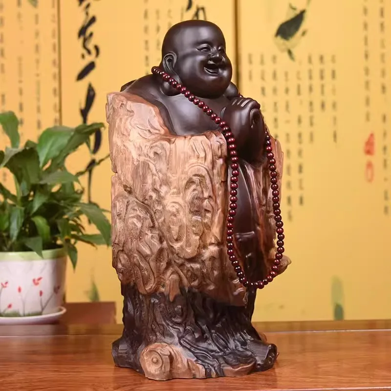 Black Sandalwood Carving Maitreya Buddha Root Carving Ornaments, Smoking Buddha Handicrafts, Home Entrance Decoration