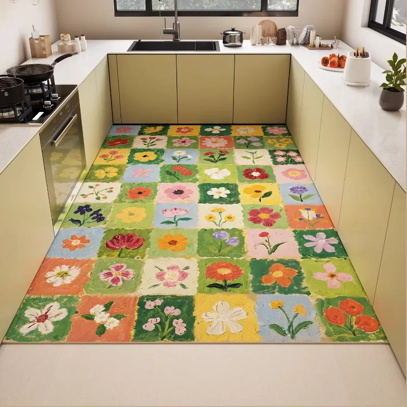 PVC Kitchen Floor Mat Modern Floral Geometric Oil-proof Waterproof Bathrooms Carpet Dirty Resistant Easy Clean Balcony Rug Tapis