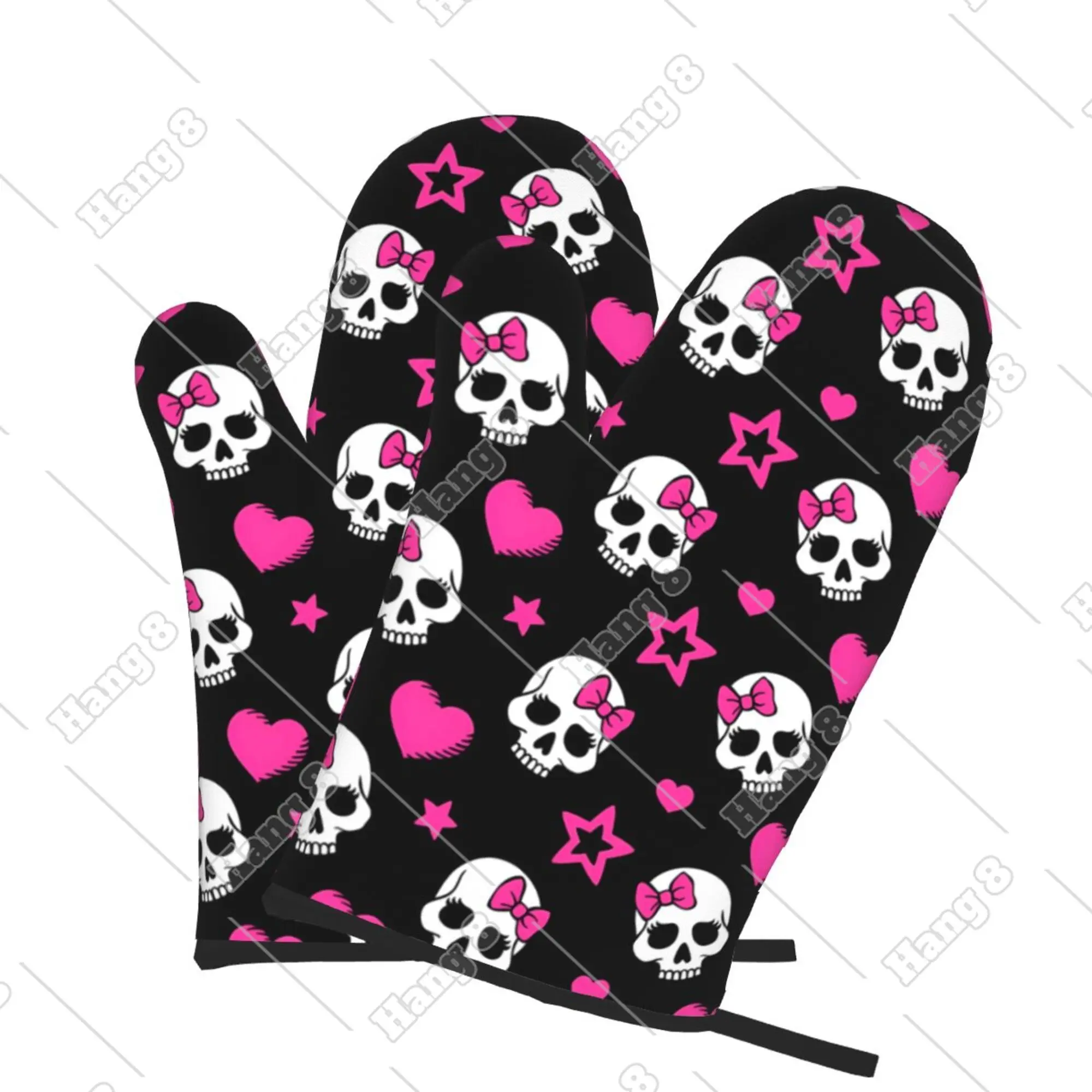 Sweet Skulls Cartoon Pink Oven Mitts Oven Gloves Heat Resistant for Barbecue Microwave Ovens Kitchen Women Men Halloween 2pc
