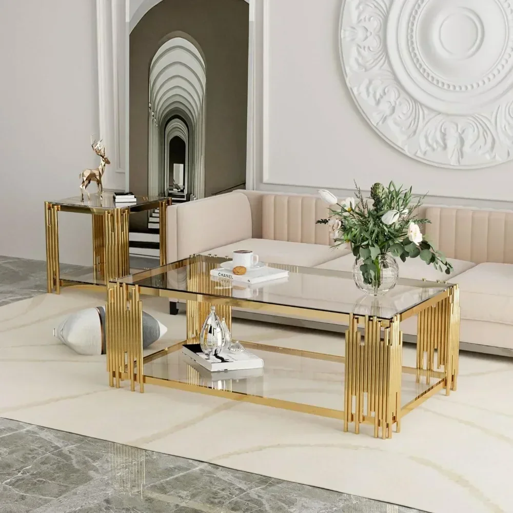 Glass Coffee Table Modern Living Room Table Gold Stainless Steel Metal Leg 51" Rectangular Clear Tempered Glass Center