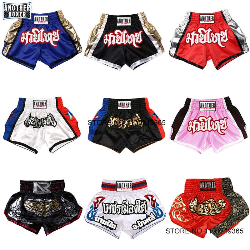 Muay Thai Shorts Premium Embroidered Boxing Training Short Pants Satin MMA Fighting Clothing for Men Women Kids Kickboxing Trunk