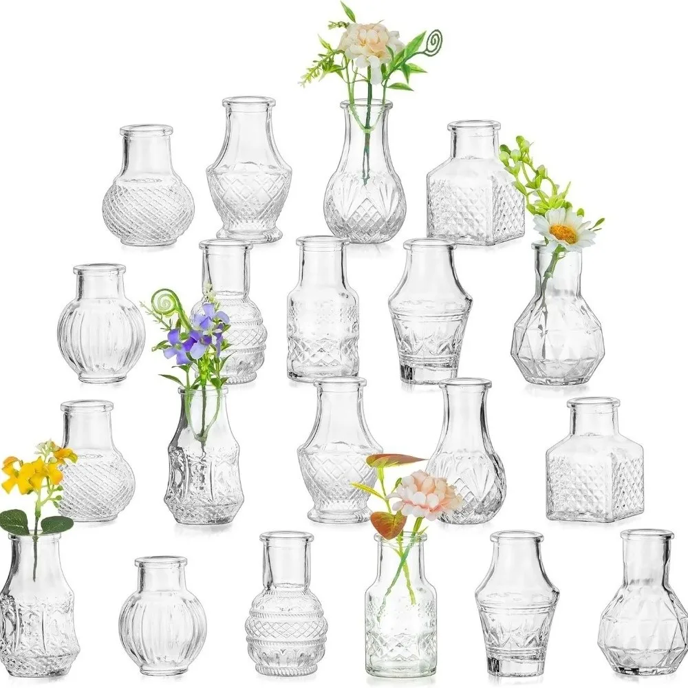 10PCS/SET Retro Relief Mini Glass Vase European Style Decorative Small Vase Set Crystal Clear Elegant Transparent Vase