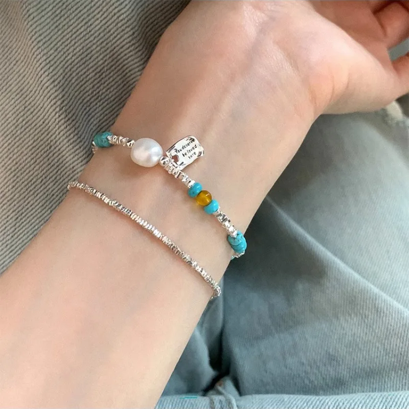 

VENTFILLE 925 Sterling Silver Turquois Letter Bracelet for Women Girl Bead Sweet Irregular Jewelry Birthday Gift Dropshipping