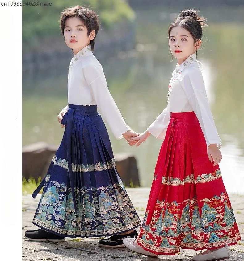 Set per bambini Manica corta lunga Set da 2 pezzi Vestito da ragazzo Tang Costume Abbigliamento Hanfu Top Gonna con faccia di cavallo Vestito da ragazza - immagine 5