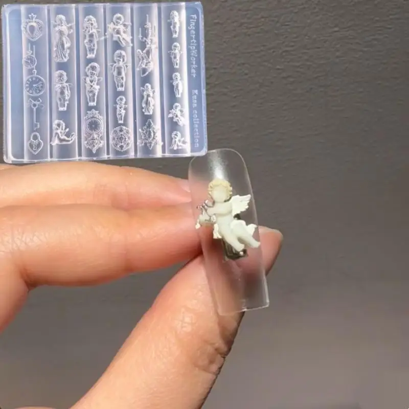 엔젤 시계 3D 실리콘 네일 몰드 하트 락 네일 템플릿 DIY 네일 아트 장식 스탬핑 플레이트 매니큐어 디자인 도구