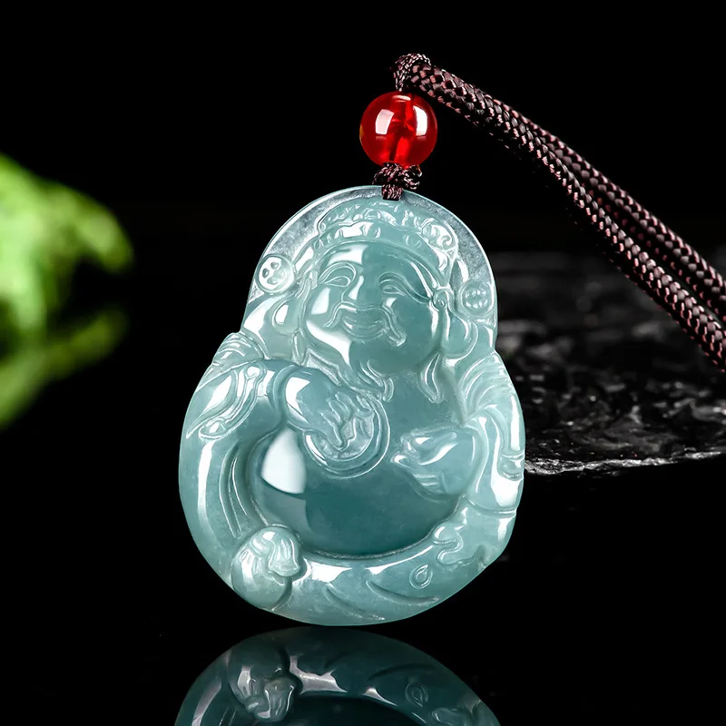 Natural A-grade Jade Blue Water God Of Wealth Pendant Attracting Wealth Ice Seed Jadeite Male Female's Charms Jewelry Drop Ship