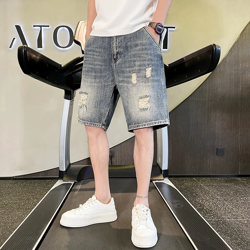 2023 Harlan denim shorts men's summer new slim-fit small straight pants American high street everything 28-34 five-point pants
