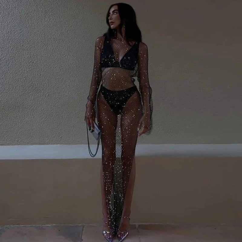 Shiny Rhinestones Grid Fishnet Dress Long Sleeve O-Neck Hollw Out 2024 Summer Dress Sexy Beach Cover Up Breathable Lady Vestidos 3