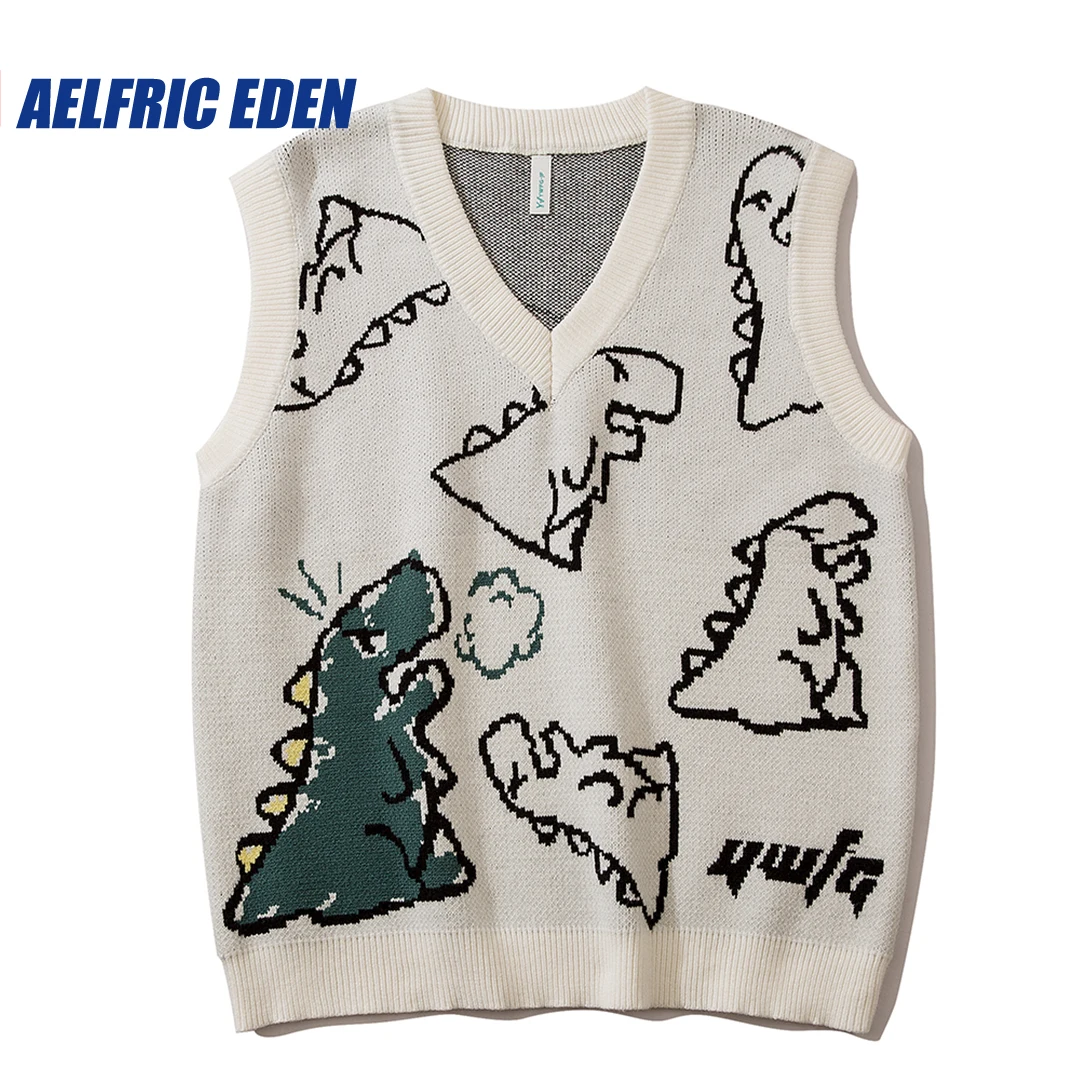 Dinosaur Cartoon Pattern Knit Sweater Y2K Cute Casual Streetwear Women Hip Hop Harajuku Tops Fashion Outdoor Vest Outwear Male