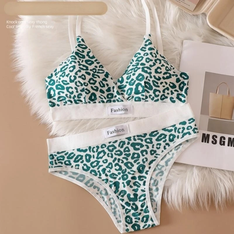 Leopard Print Seamless Push-Up Bra and Panty Set - V-neck Lingerie
