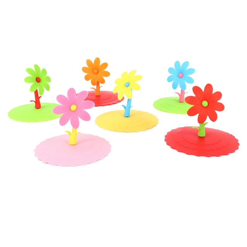 Beauneo 6 Pcs Sun Flower Silicone Cup Cover for Hot and Cold Drink Cup lid Anti-dust Leak-proof and Non-toxic 