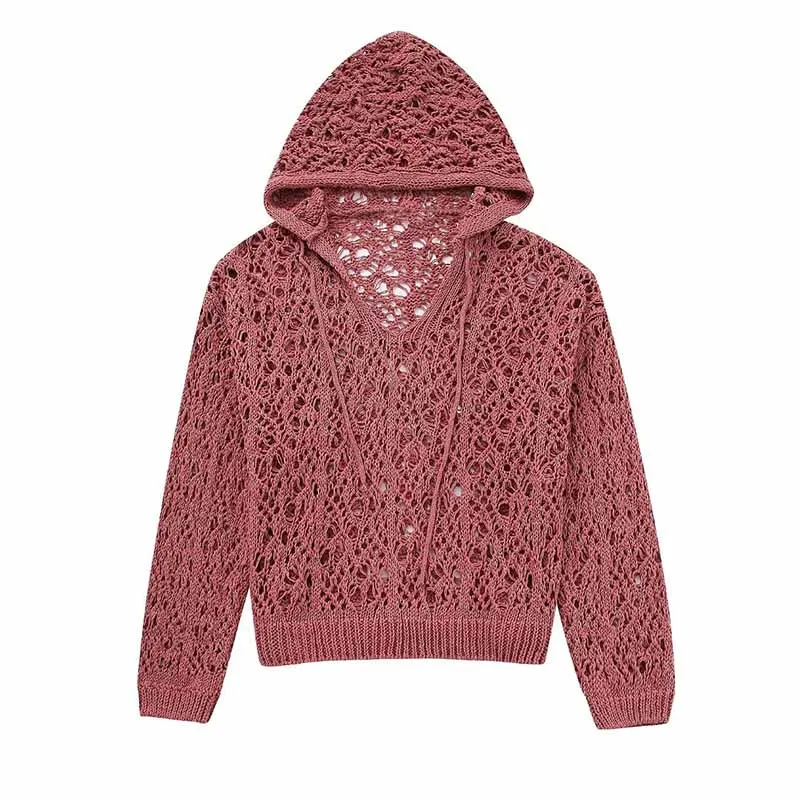 

Summer Women's 2023 New Casual Loose Long-Sleeved Hooded V-Neck Hollow Sweater Short Bottoming Shirt Tops