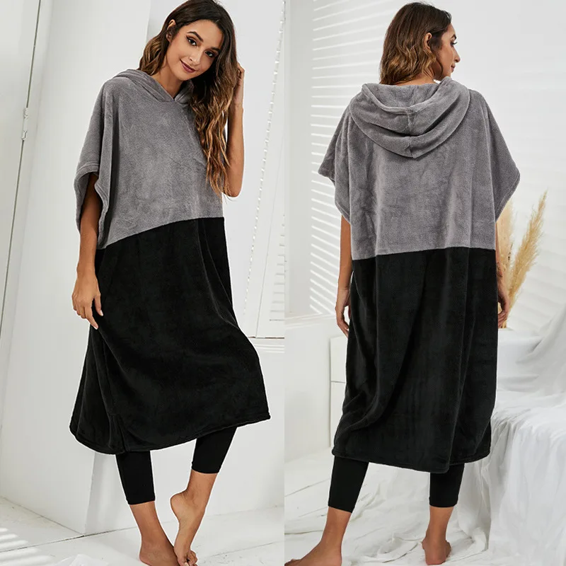 

Flannel Hooded Jacket Blanket Color Block Oversized Wearable Hoodie Throw Blankets Beach Towel