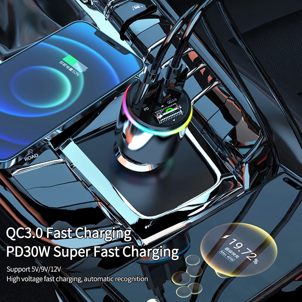 

Новинка Bluetooth 5,3 FM-передатчик Громкая связь Автомобильный MP3-плеер Стерео FM-модулятор PD30W Быстрая зарядка QC3.0 AUX плеер RGB