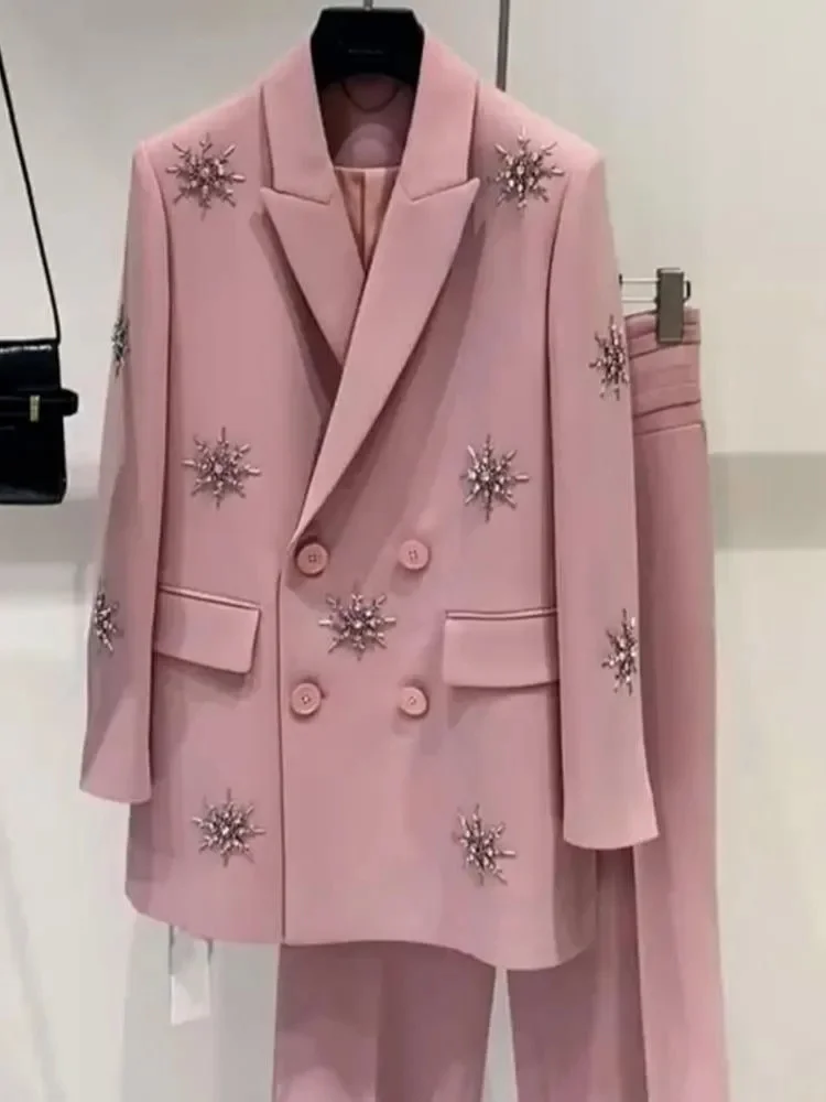 

2023 Autumn New Women Suits Pink Blazer Double breasted Beaded Suit Jacket Two-piece sets Stylish Female Clothes Y4403