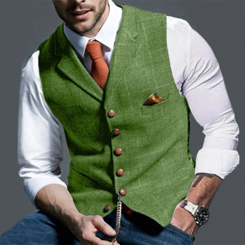 Men's Vests Lapel Tweed Plaid V-neck Waistcoat Slim Fit Business Formal Dress Suit Casual Wedding Tuxedo cotton vest mens suit dress vests