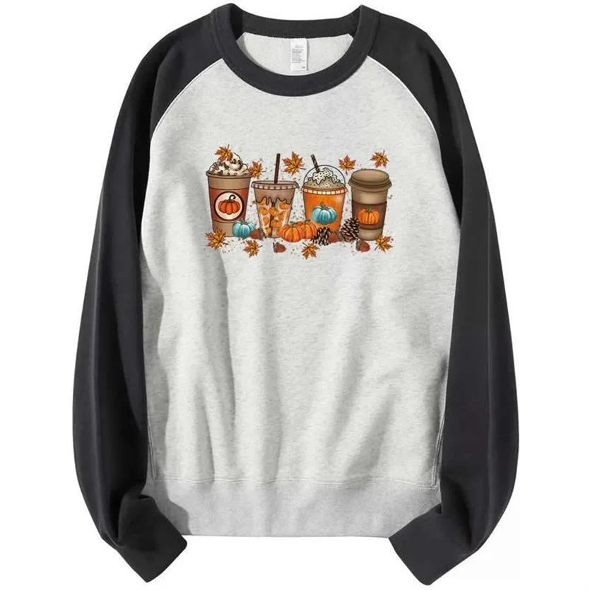 

Coffee Halloween Print Women's Sweater Loose Design Harajuku Sense Contrast Raglan Top Bottom Coat In Autumn Winter