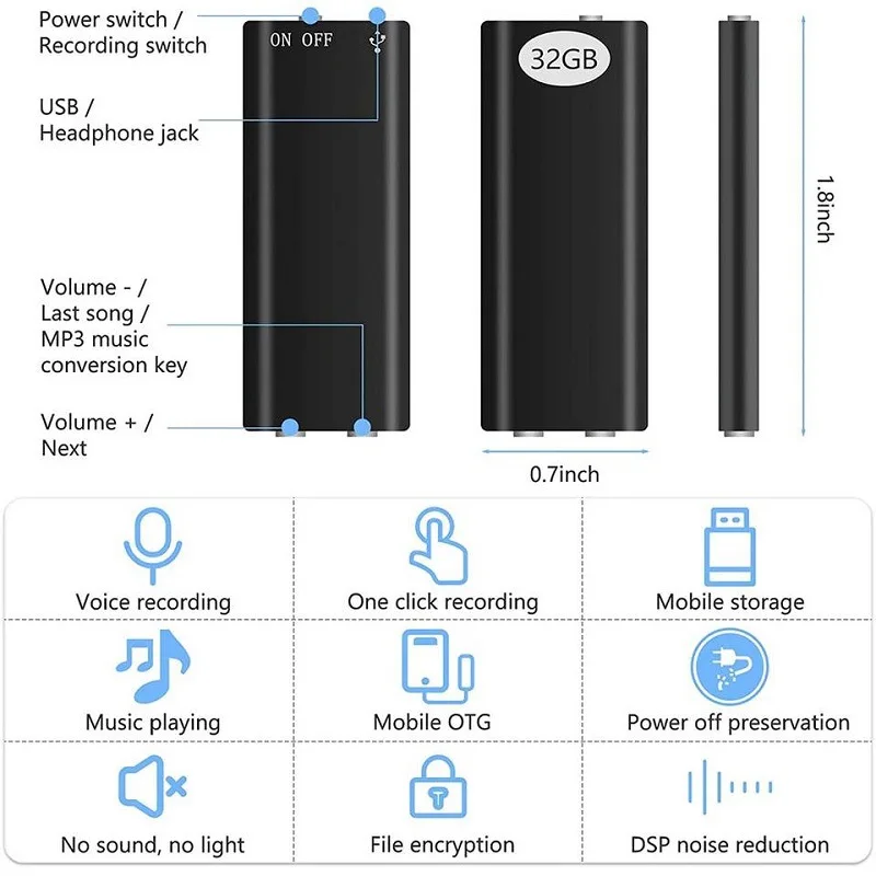1pcs Ultra-Thin Tiny Mini Voice Recorder 32GB Digtal Professional Sound Activated Dictaphone Noise Reduce Record 8GB MP3 Player