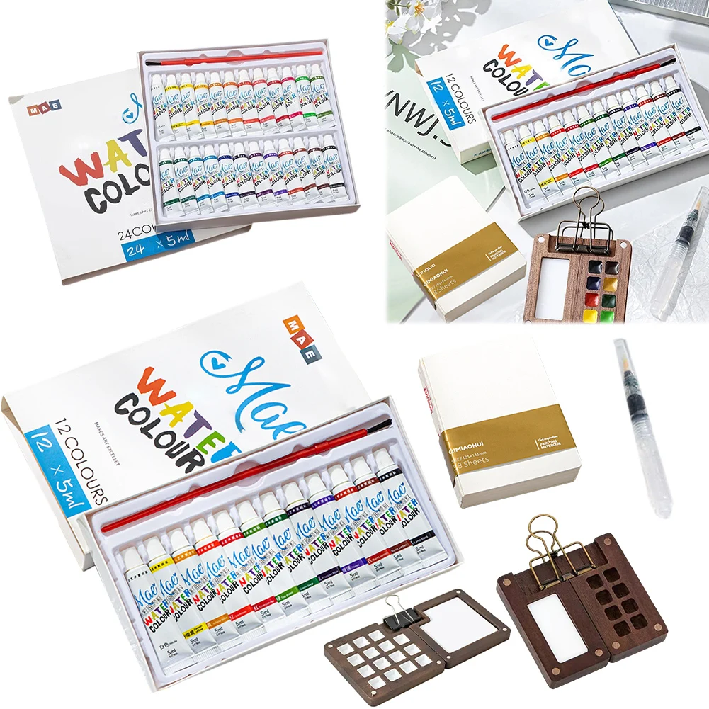 Multi Colors Wooden Grid Paint Box Pocket Artist Travel Paint Palette Mini Watercolor Set for Painters Artists Students