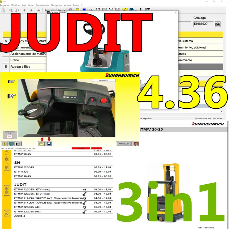 

Горячая Распродажа 2024, 3 в 1 Jungheinrich forklift JETI SH Ремонт + JUDIT 4,36-Диагностическое программное обеспечение + каталог запчастей JETI ET (v4.36)+ никогда
