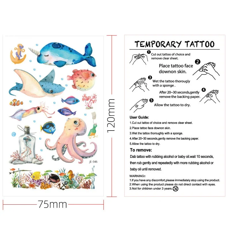 Tattoo Sticker Temporary Tattoos Disposable Temporary Tattoo For Kids Cartoon Dolphins Whales Marine Fish Watercolor Waterproof Fake Tattoo Stickers Cute