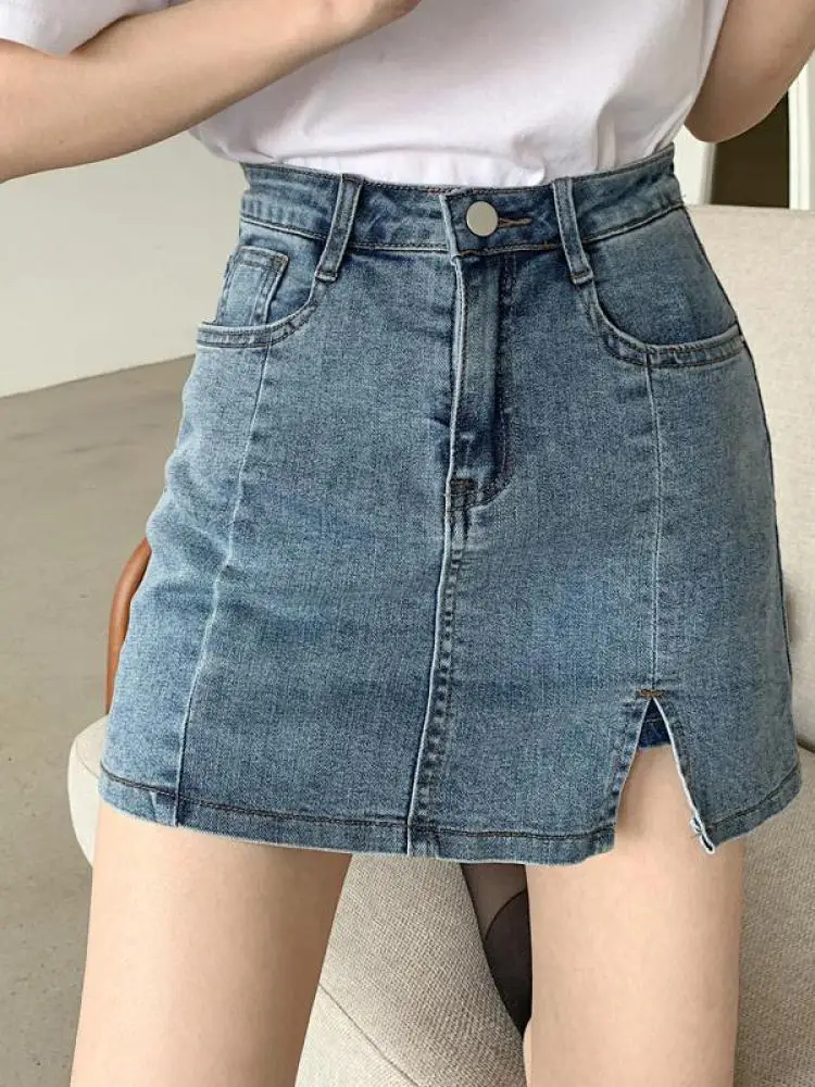 

Korean Style Women's Denim Sexy Club Slim Retro Split Mini Skirts Woman Summer Solid Color High Waisted Wrap Hip Short Skirt New
