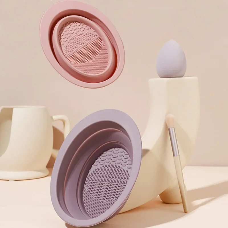 Silicone Foldable Makeup Brush Cleaning Bowl Powder Puff Beauty Egg Clean Pad Makeup Bristle Brushes Washing Tool Artifact