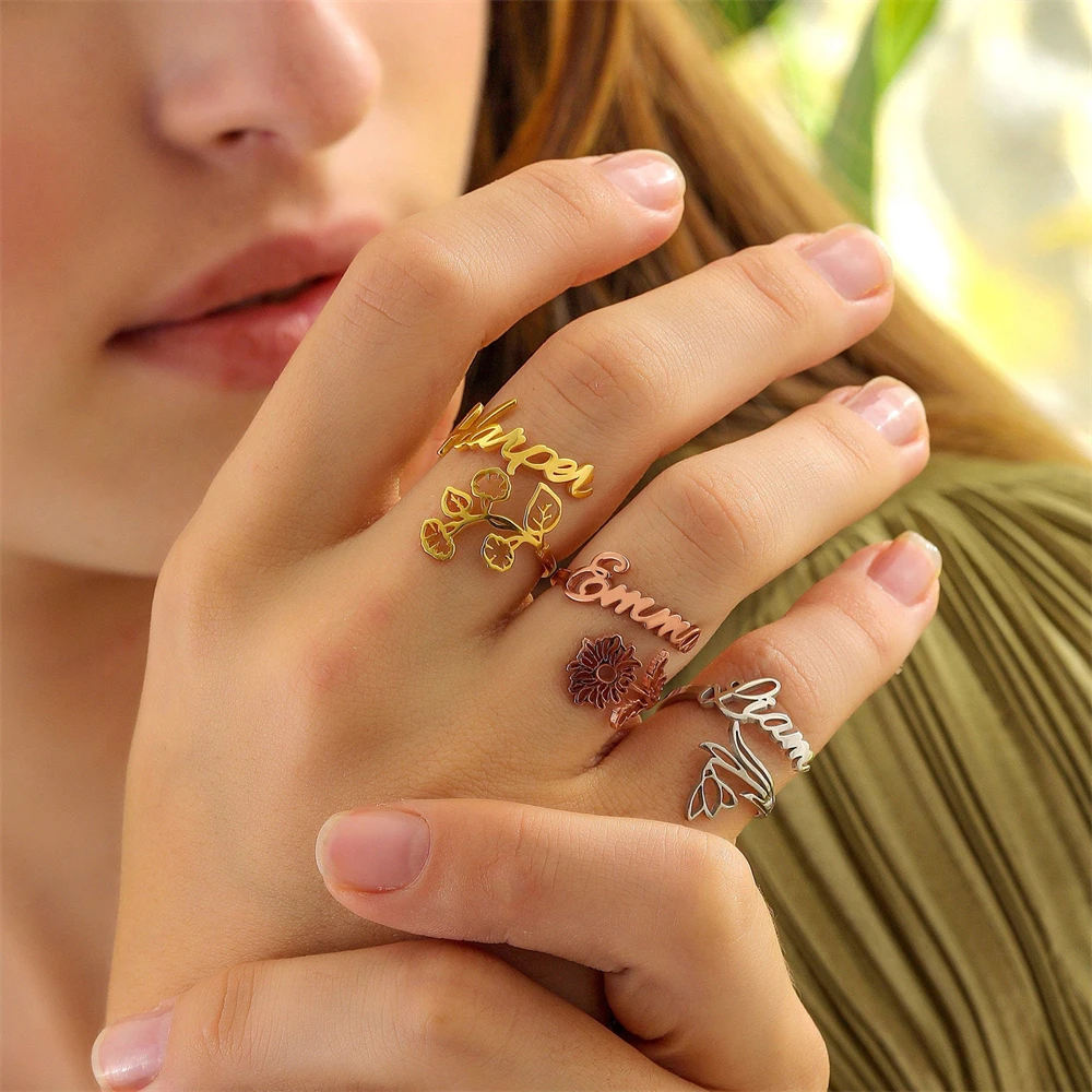 

Custom Birth Flower Ring Personalizado Jewelry Bague Stainless Steel Adjustable Rings Birthday Valentines Gift