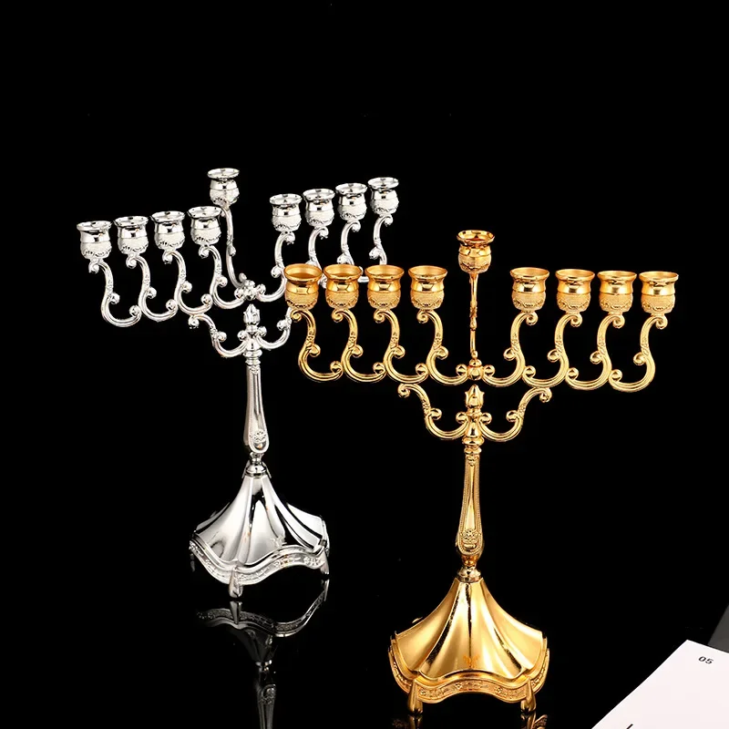 

9 Branches Light Luxury Candlestick Silver Israel Jewish Candle Holder Stand Retro Table Romantic Dinner Home Decorations