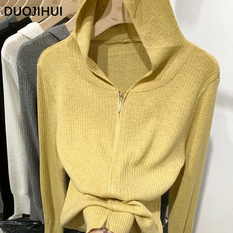 DUOJIHUI 여성용 루즈 슬림 스타일 캐주얼 가디건, 시크한 후드 니트, 심플한 단색 패션 지퍼, 가을 신상