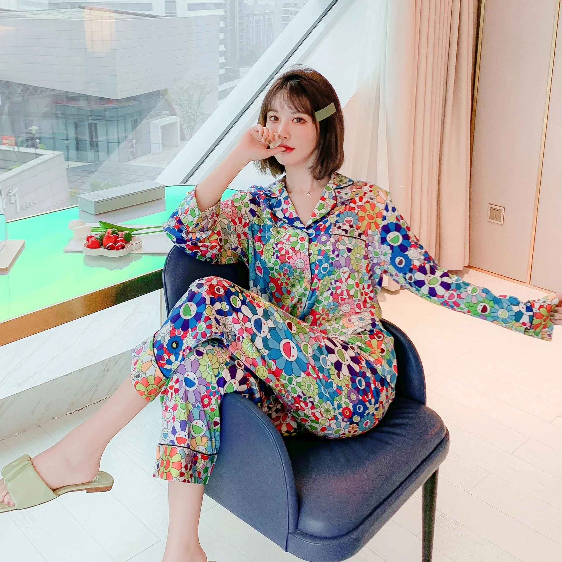 Sunflower Print Women's Pajama Set 2 Pcs with Long Pants Ladies Pijama Suit Summer Spring Satin Silk Home Clothes for Mujer New